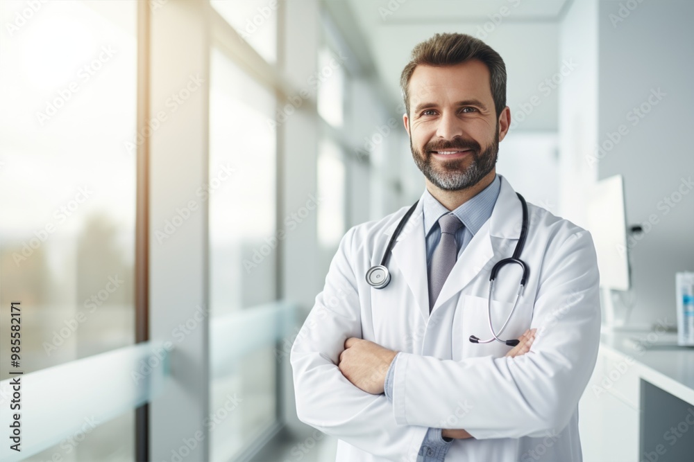 Confident, cheerful doctor standing with crossed arms in modern clinic, wearing white coat and stethoscope. Confident, cheerful doctor standing with crossed arms in modern clinic, wearing white coat and stethoscope.