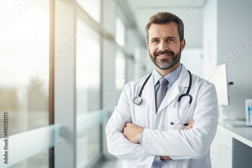 Confident, cheerful doctor standing with crossed arms in modern clinic, wearing white coat and stethoscope.