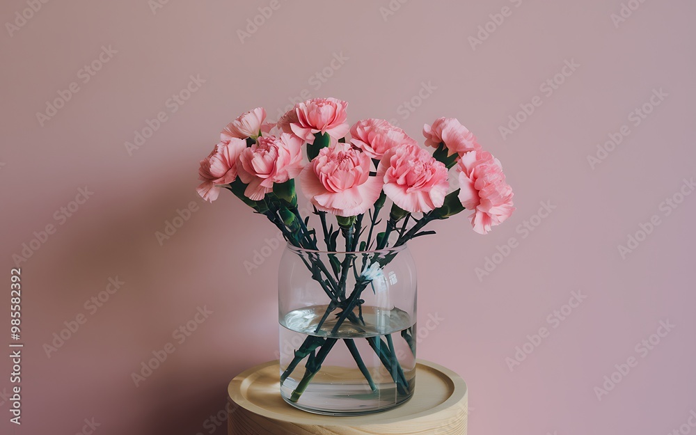 Fototapeta premium Pink carnations in a glass vase on a wooden table against a pink wall.