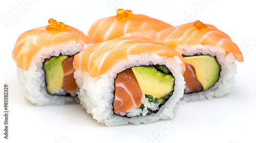 Crispy sushi rolls with fresh avocado and salmon slices water color, isolated on white background