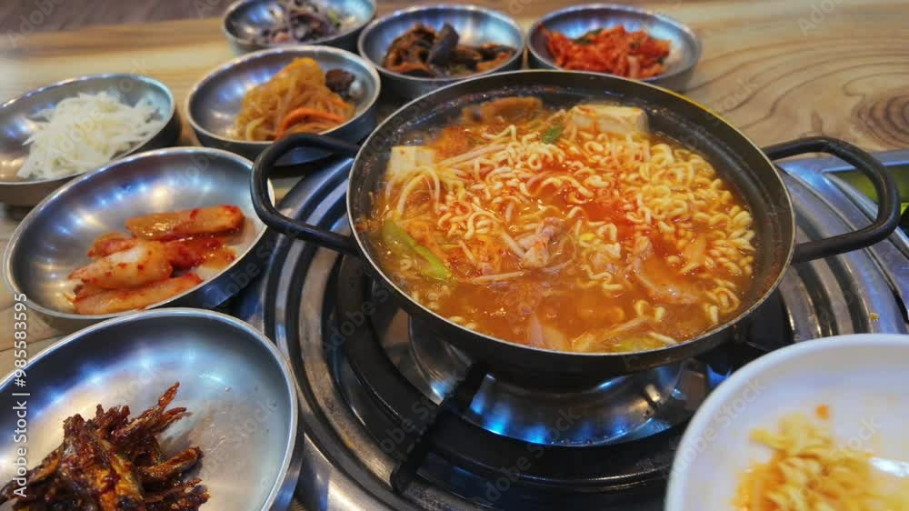A video showing ramen noodles being added to a pot of boiling kimchi stew. The noodles slowly sink into the bubbling broth, absorbing the spicy and savory flavors. A video showing ramen noodles being added to a pot of boiling kimchi stew. The noodles slowly sink into the bubbling broth, absorbing the spicy and savory flavors.