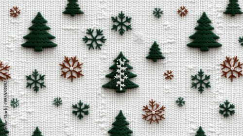 A green Christmas sweater pattern with a white background, featuring a knitted texture and a pattern of Christmas trees and snowflakes.
