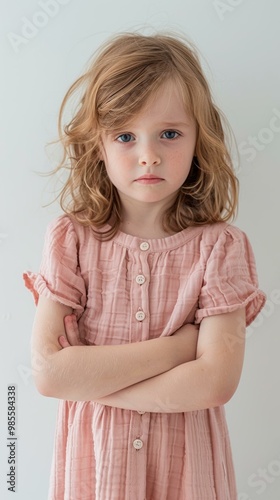 A young girl in a pink dress stands with her arms crossed. AI.