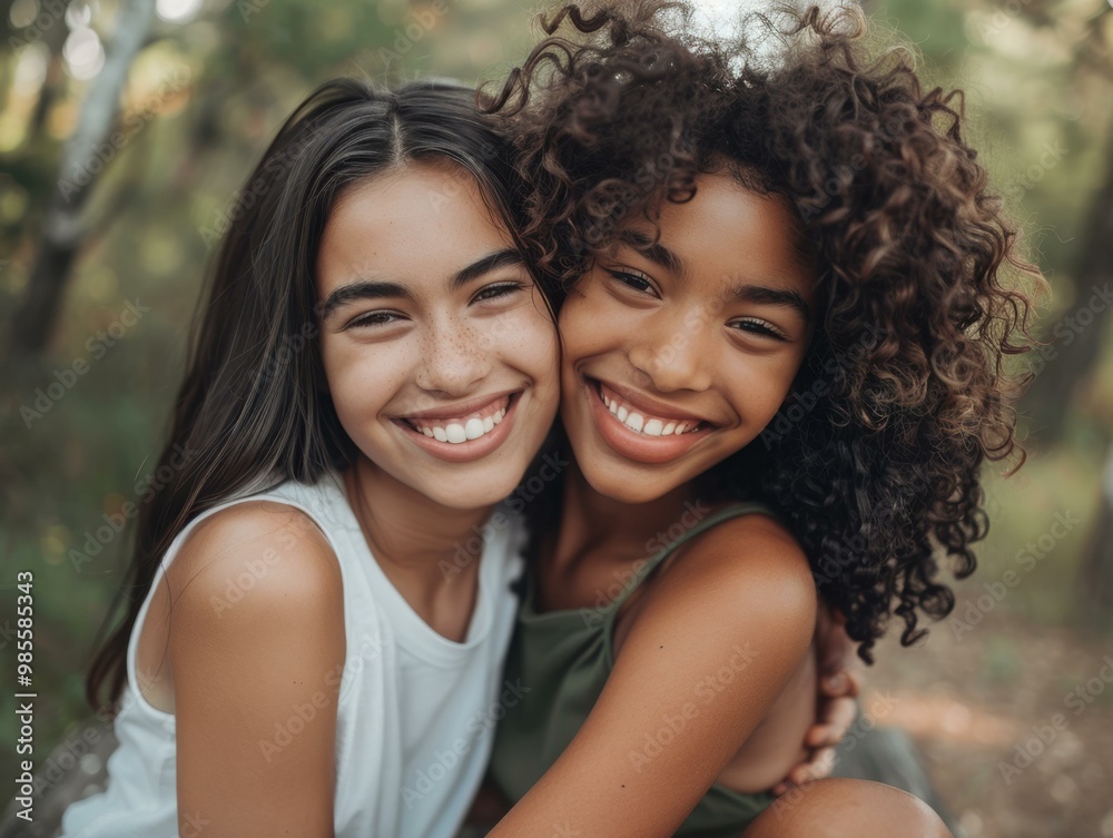 Two friends smiling and hugging. AI.