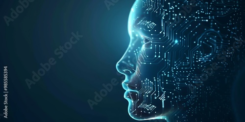 A digital human head with circuit board patterns on the face, illuminated by blue light against an isolated background. The facial features of both male and female profiles can be clearly seen. 