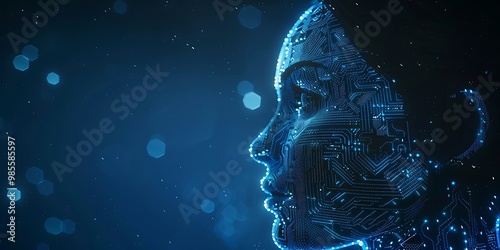 A digital human head with circuit board patterns on the face, illuminated by blue light against an isolated background. The facial features of both male and female profiles can be clearly seen. 