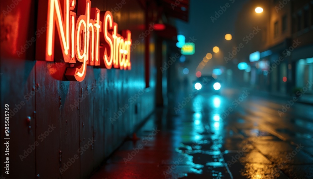 Fototapeta premium Une rue baignée de néons publicitaires projette des ombres colorées sur les murs, plongeant la nuit dans une atmosphère moderne et électrique, tout en restant mystérieuse.