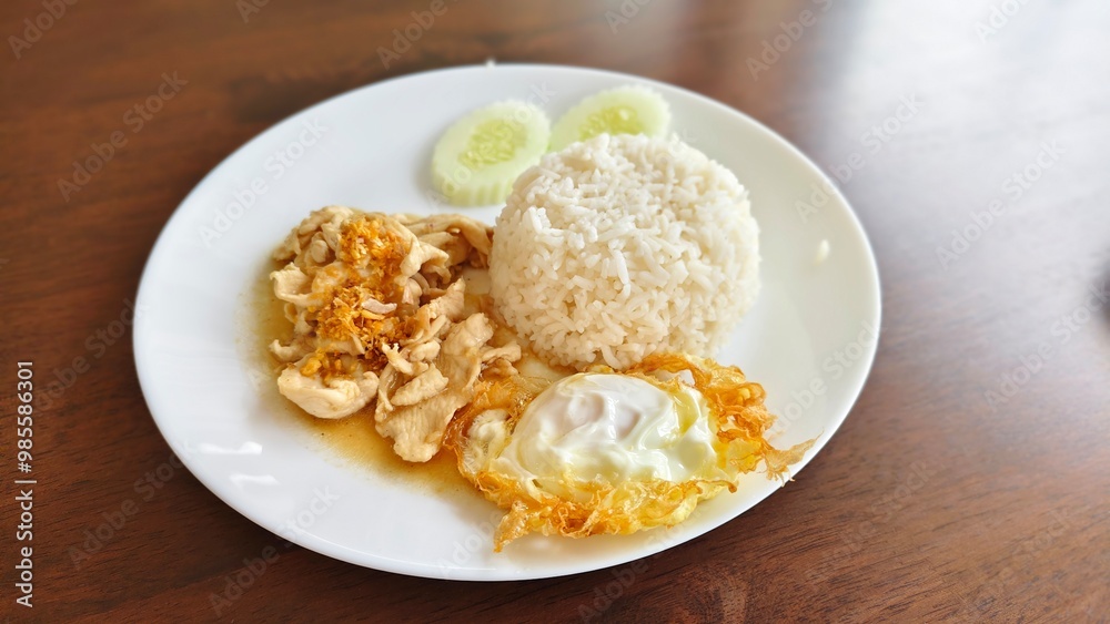 Street food in Thailand, rice with garlic chicken and fried egg Street food in Thailand, rice with garlic chicken and fried egg