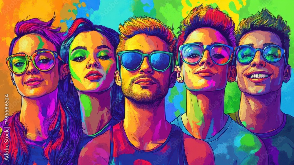 Obraz premium Pop art illustration, banner, texture or background depicting the pride day and the LGBT community with diverse people