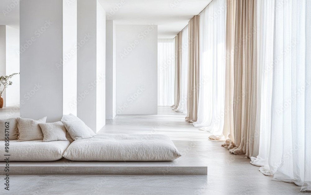 A bright and airy modern lounge with large windows and soft furnishings in a minimalist architectural space A bright and airy modern lounge with large windows and soft furnishings in a minimalist architectural space