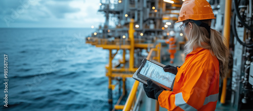 Oil rig worker monitoring drilling operations with tablet