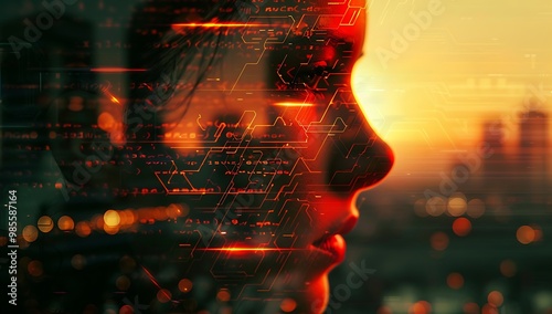 A double exposure of digital data and cityscape at sunset, with the face of an AI robot woman in focus. The background is filled with glowing lines representing technology and futuristic elements.