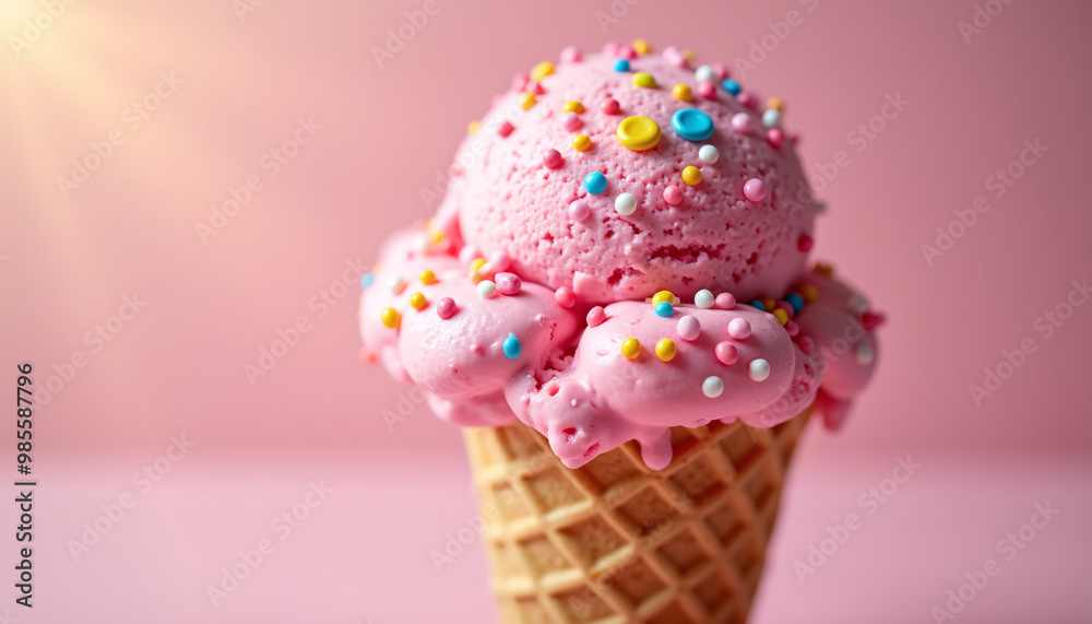 Close-Up of Pink Ice Cream Cone with Sprinkles Close-Up of Pink Ice Cream Cone with Sprinkles