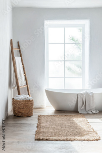 Minimalist bathroom with a freestanding tub, natural light streaming through the window, and decorative elements for a serene atmosphere
