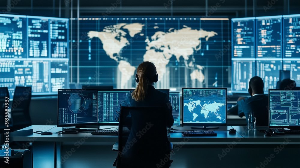 A woman is sitting at a computer desk with a monitor in front of her A woman is sitting at a computer desk with a monitor in front of her