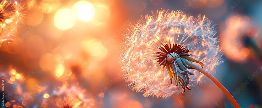 Close-up of a dandelion seed head with blurry background of warm sunlight. Close-up of a dandelion seed head with blurry background of warm sunlight.
