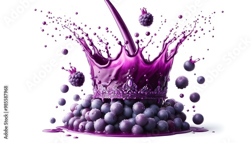 Grape acai purple Juice pouring and splash as crown water. Grape acai purple Juice explode bubble splash in mid air. Purple liquid element water. White background isolated photography