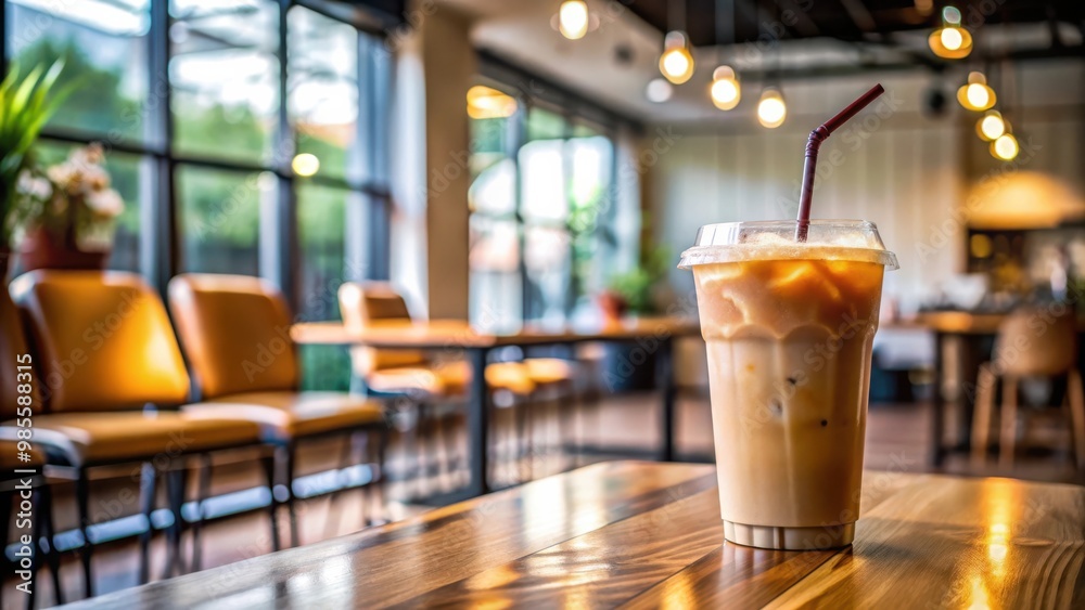 Iced coffee sitting on table in a trendy cafe Iced coffee sitting on table in a trendy cafe