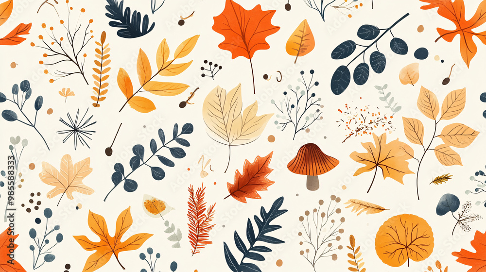 Fototapeta premium Autumn seamless pattern with different leaves and plants, seasonal colors