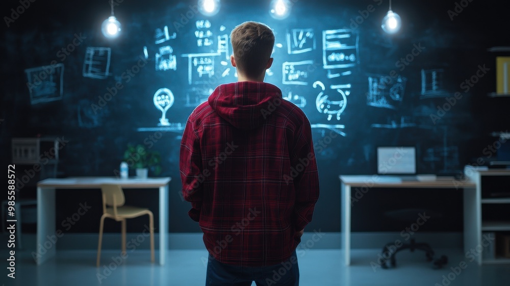 Student Observing Chalkboard in Modern Classroom Setting Student Observing Chalkboard in Modern Classroom Setting