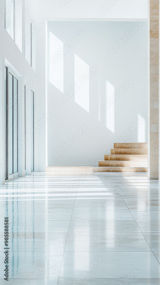 Fototapeta premium Modern interior design featuring a sunlit corridor with glass doors and wooden steps in a minimalist style