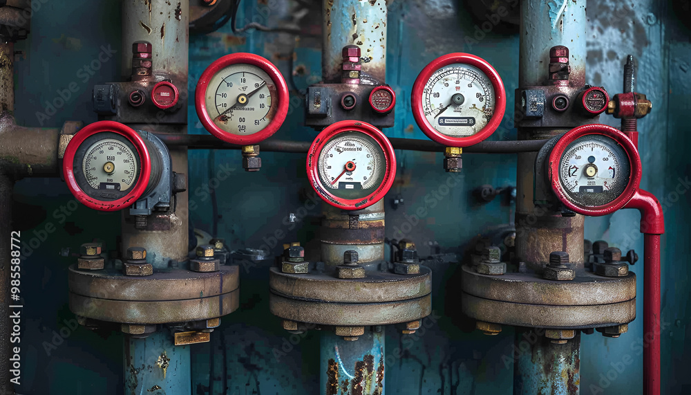 Intricate gauges and red valve on a sophisticated industrial pipeline Intricate gauges and red valve on a sophisticated industrial pipeline