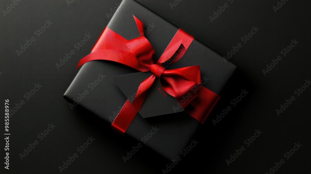 Top view of a gift box with a red ribbon, representing a voucher for the Black Friday sale with a discount card tag. Top view of a gift box with a red ribbon, representing a voucher for the Black Friday sale with a discount card tag.