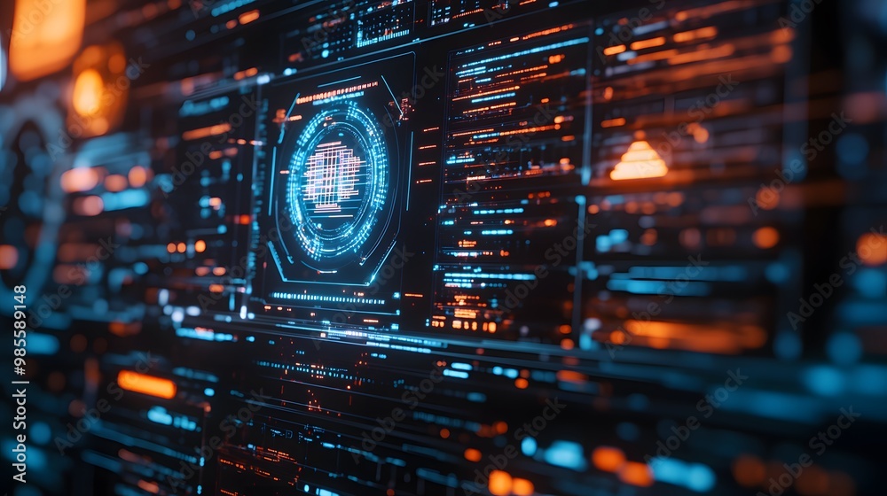 A close-up of a digital screen showing an AI takeover, with dark tones and bright flashes of data creating a sense of thrilling fear. A close-up of a digital screen showing an AI takeover, with dark tones and bright flashes of data creating a sense of thrilling fear.