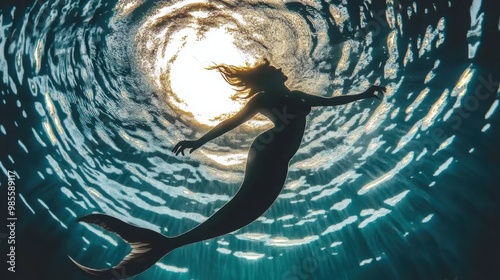 A silhouette of a mermaid gracefully swims upward toward sunlight, creating a mesmerizing underwater scene filled with rippling water and light.