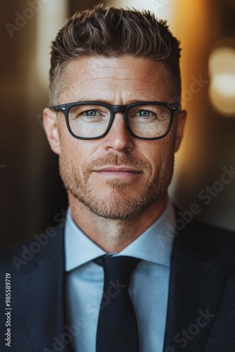 A professional-looking man in a tailored suit and glasses stands confidently in a contemporary office, radiating professionalism