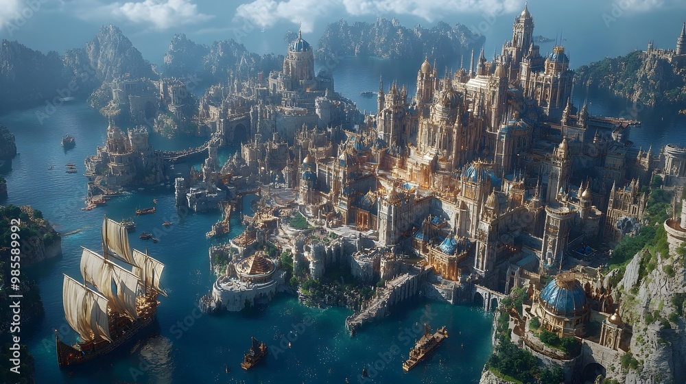 Naklejka premium Aerial view of a fantasy kingdom with towering castles and floating islands