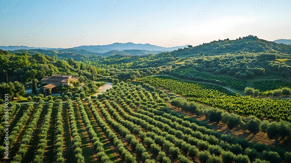 Aerial view of a Mediterranean-style vineyard, olive trees dotting the landscape between rows of grapevines on sun-kissed rolling hills Aerial view of a Mediterranean-style vineyard, olive trees dotting the landscape between rows of grapevines on sun-kissed rolling hills
