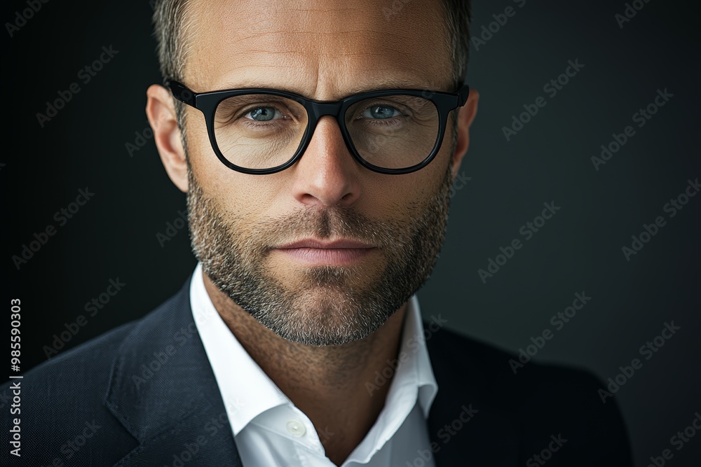 A well-dressed man with glasses stands confidently against a dark backdrop, showcasing a professional appearance and intense gaze A well-dressed man with glasses stands confidently against a dark backdrop, showcasing a professional appearance and intense gaze