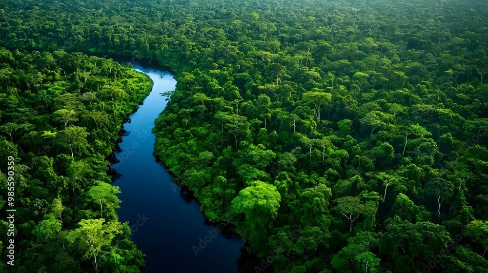 Aerial view of a rainforest canopy with hidden rivers and animals below Aerial view of a rainforest canopy with hidden rivers and animals below