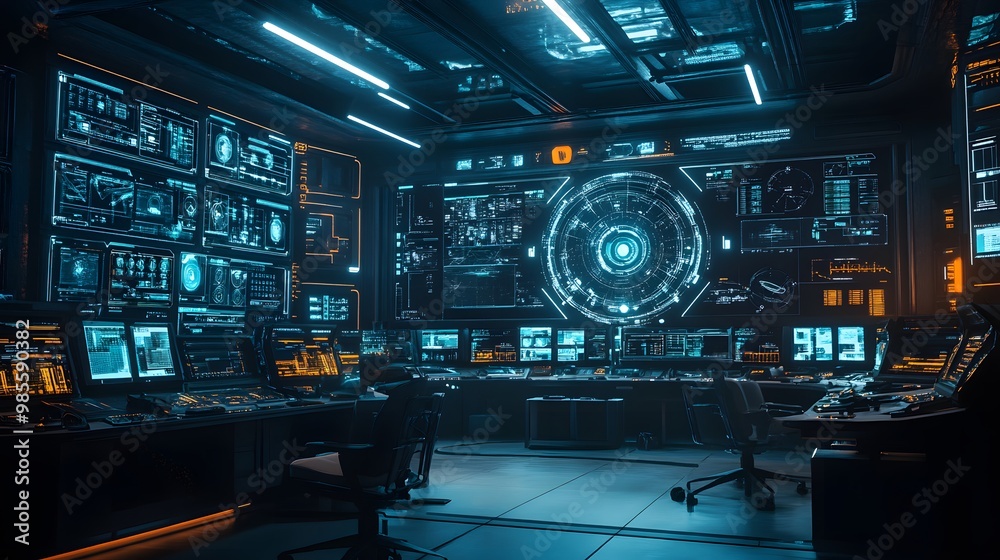 Fototapeta premium A photo of a futuristic control room with AI systems managing a crisis, the glowing screens and tense atmosphere creating both excitement and fear.