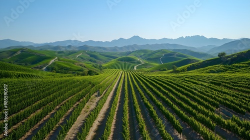 Drone shot of a modern vineyard, perfectly organized rows of grapevines, with irrigation lines visible on the sloping hillsides under a clear blue sky