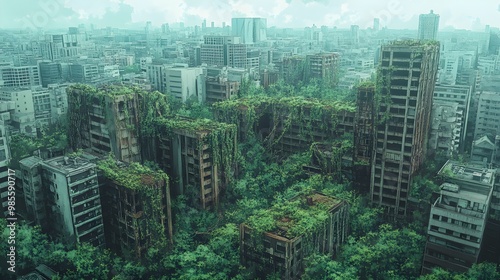 Birds-eye view of a crumbled city overtaken by trees, vines creeping across abandoned buildings, vibrant green foliage, muted gray urban ruins, watercolor style, dystopian atmosphere photo