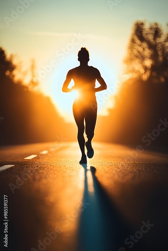 a person in the middle of a race, striving to reach the finish line, with bright light,  photo