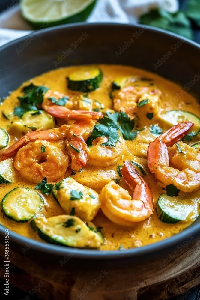 Delicious Shrimp Curry in a Creamy Coconut Sauce Garnished with Fresh Herbs and Lime Delicious Shrimp Curry in a Creamy Coconut Sauce Garnished with Fresh Herbs and Lime
