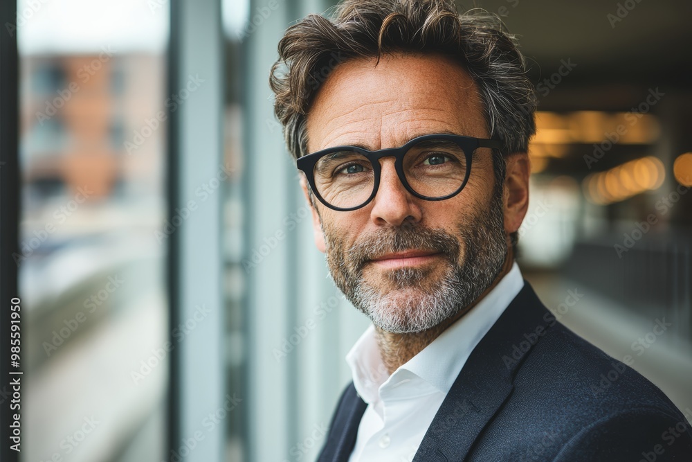 A well-dressed man poses confidently near a window, capturing a vibrant city background filled with natural light A well-dressed man poses confidently near a window, capturing a vibrant city background filled with natural light