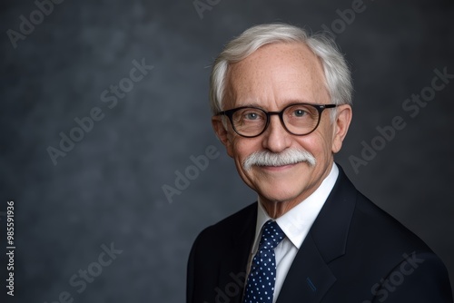 An older gentleman with a mustache and glasses is smiling warmly while dressed in a dark suit and spotted tie, creating a friendly atmosphere photo