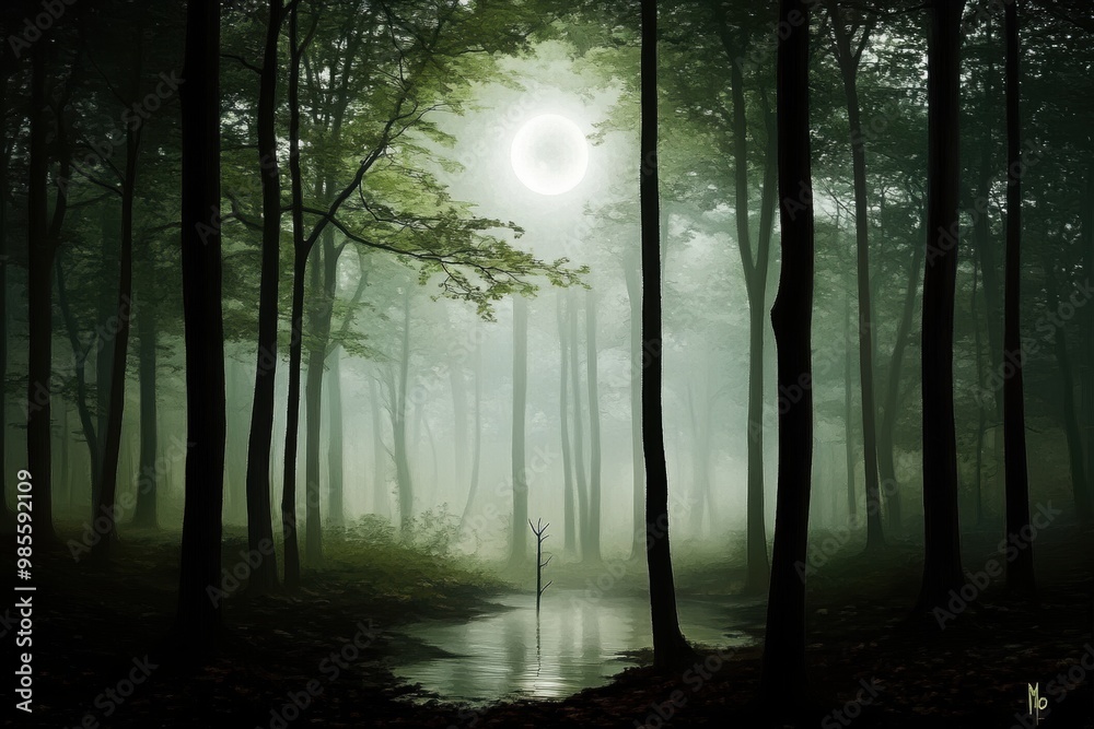 Naklejka premium A serene misty forest scene illuminated by a full moon, with its reflection shimmering in a calm forest pond.