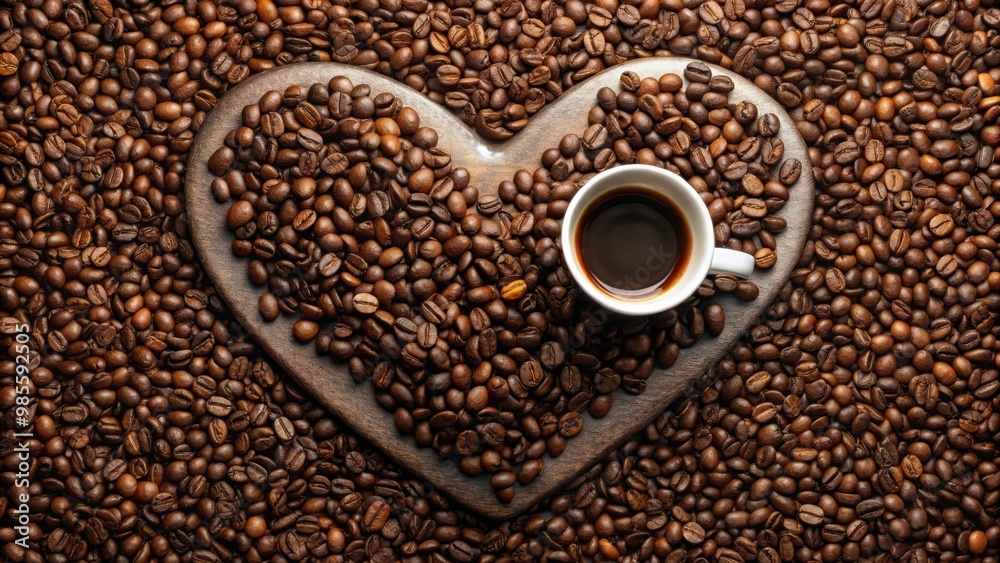 A cup of coffee nestled in a heart shape made of coffee beans