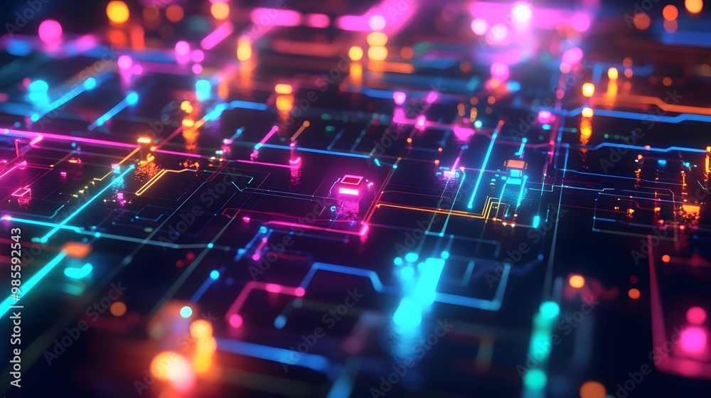 A vibrant diorama illustration of interconnected machine learning systems, glowing with dynamic colors and representing the excitement of AI-driven innovation. A vibrant diorama illustration of interconnected machine learning systems, glowing with dynamic colors and representing the excitement of AI-driven innovation.