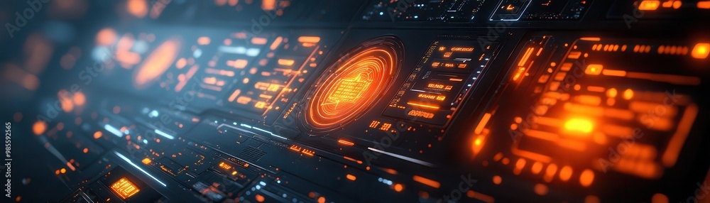 Futuristic digital interface with glowing orange and blue elements, showcasing advanced technology in a sleek and modern design. Futuristic digital interface with glowing orange and blue elements, showcasing advanced technology in a sleek and modern design.