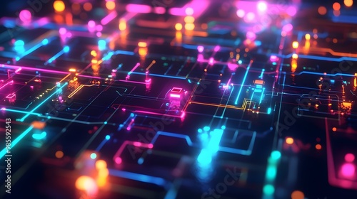 A vibrant diorama illustration of interconnected machine learning systems, glowing with dynamic colors and representing the excitement of AI-driven innovation.