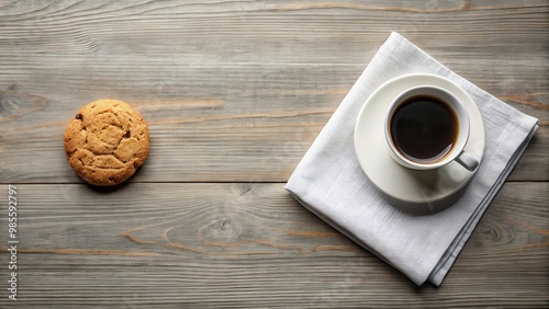 Minimalistic composition of a blank napkin, cup of coffee, and cookie on a table