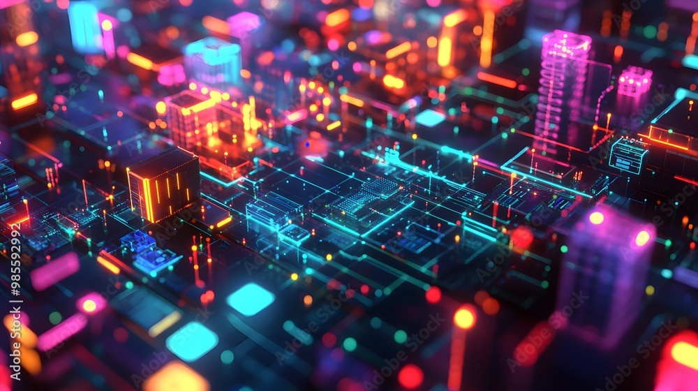 An abstracted, dynamic diorama of machine learning infrastructure, with colorful glowing servers, neural networks, and data flows that convey excitement and innovation. An abstracted, dynamic diorama of machine learning infrastructure, with colorful glowing servers, neural networks, and data flows that convey excitement and innovation.