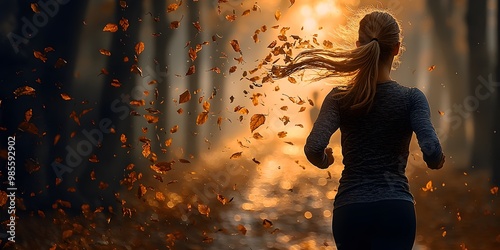 a young woman jogging along a winding path, wearing casual athletic wear, the soft glow of sunrise peeking through trees