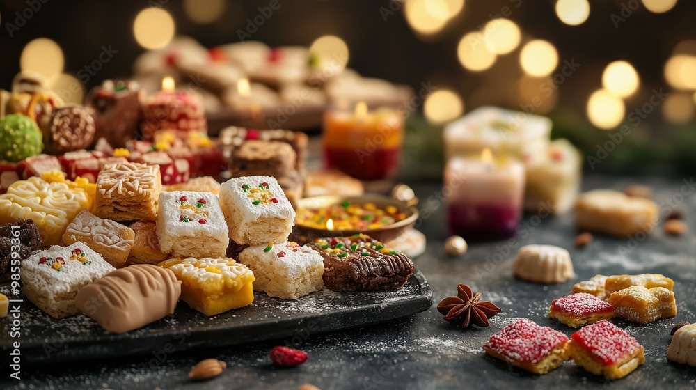 A vibrant image capturing the joyous tradition of exchanging sweets during Diwali, showcasing colorful treats and festive elements that symbolize love, togetherness, and celebration. A vibrant image capturing the joyous tradition of exchanging sweets during Diwali, showcasing colorful treats and festive elements that symbolize love, togetherness, and celebration.